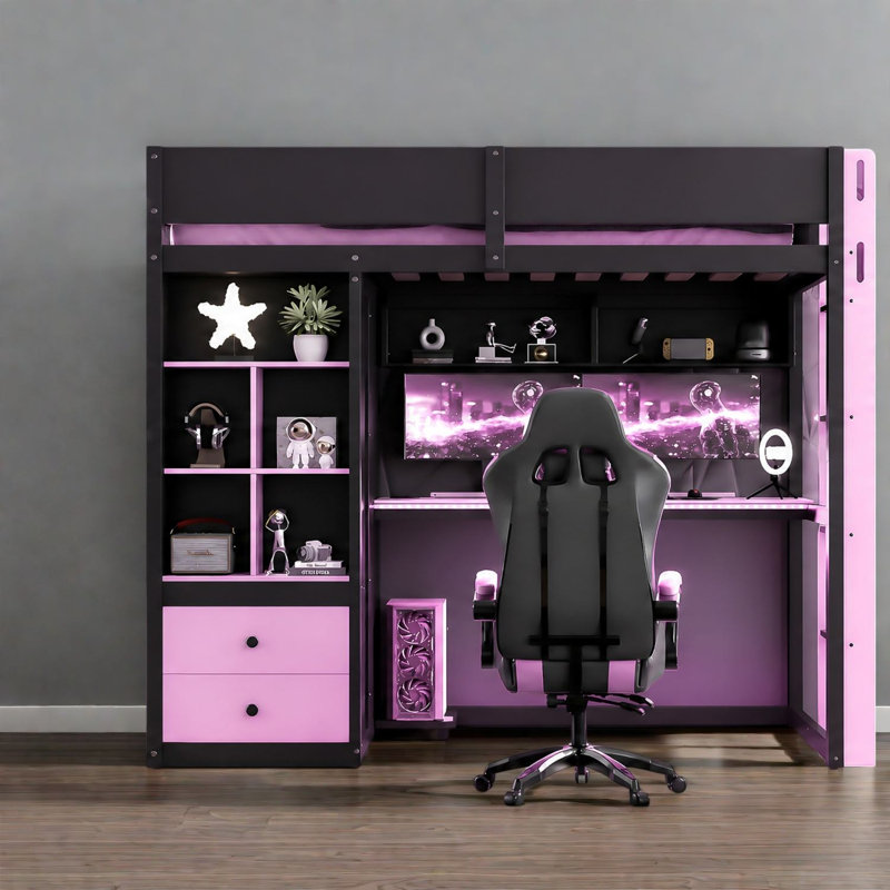 Lit mezzanine multifonctionnel avec rangement, lit double en bois, chambre moderne, Noir, mauve