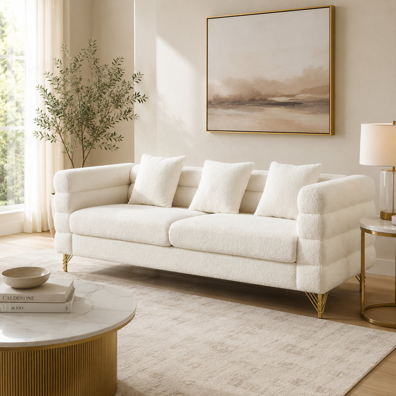 Canapé 81 po à 3 places avec 3 coussins décoratifs et pattes en métal doré