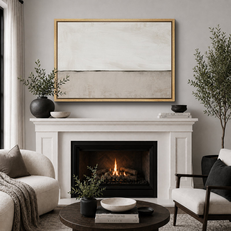 Minimaliste «Œuvre de paysage abstrait beige pastel beige, images murales neutres à décor simple, impression sur toile encadrée, impression sur toile»