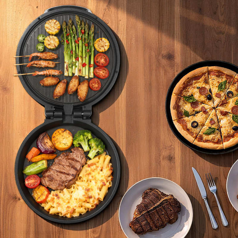 Four à pizza, machine à pizza électrique 12 po, cuiseur à pizza électrique 1200 W avec revêtement antiadhésif, ouverture à 180 ° pour la cuisson à deux côtés, chauffe jusqu'à 410 ˚F, cuisson multifonctionnelle, pour pizzas, barbecue