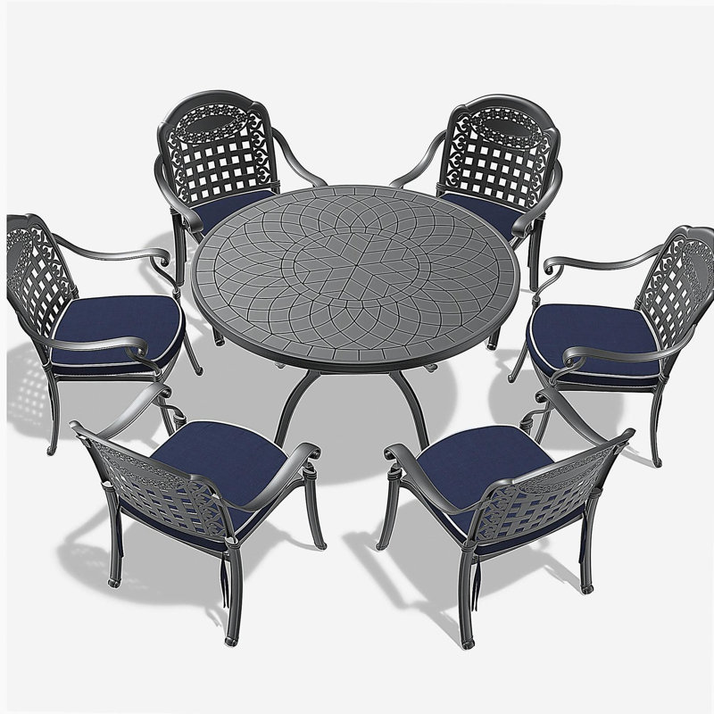 Ensemble de 7 pièces de mobilier de patio en aluminium coulé avec cadre noir et coussins de siège bleus (identique à: W1710S00485)