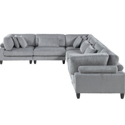 6 Modular Sectional , Gray Corduroy Upholstery, 3x Armless Chairs, Corner Seats, 9 Matching Pillows Included Modern 6pc , Black Finish Legs
