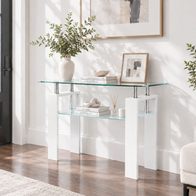 Console en verre de 120 cm (47,24 po) avec tablettes à deux niveaux en verre trempé et structure en métal