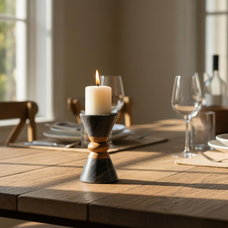Monarch Marble & Acacia Candleholder, Black