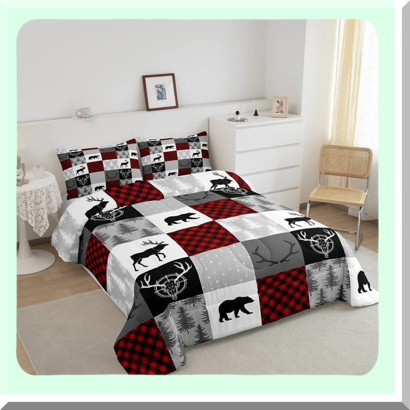 Wild Arrow Antler Queen Comforter Set - Rustic Red Buffalo Plaid Bedding with Pillowcases - Breathable Polyester Patchwork Bedding Comforters