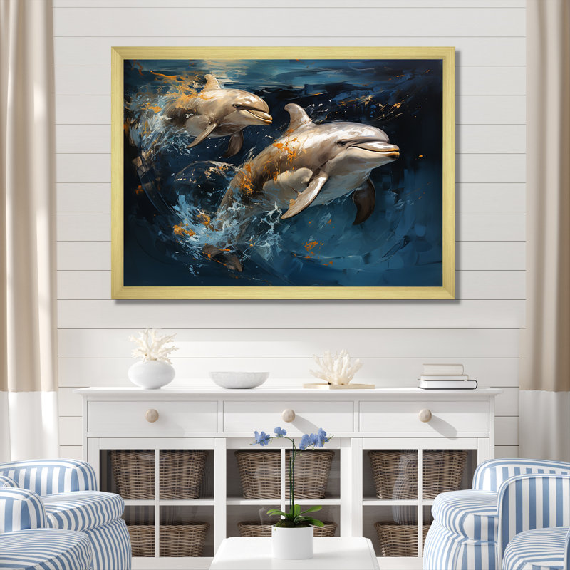 «Blue Dancing Dolphines II» - animaux, art des dauphins, H 34 po x l 44 po x P 1,5 po, Cadre doré à coins fermés