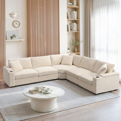 Canapé modulaire convertible en forme de L avec rangement pour accoudoirs, porte-gobelets et chargeur USB, idéal pour une vie confortable et recevoir