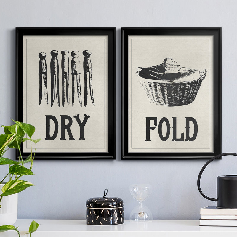 Vintage Laundry II - Ensemble de 2 encadrements d'art textuel sur toile, Cadre noir, H 42,5 po x l 61 po x P 1 po