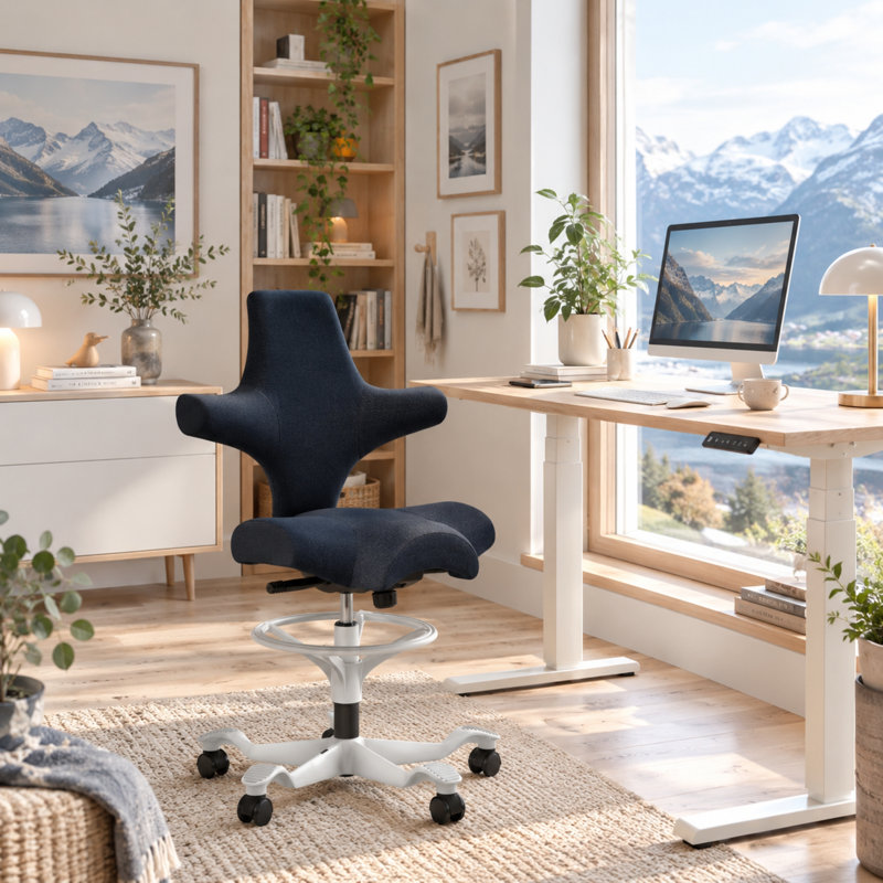 HÅG Capisco Adjustable Sit-to-Stand Height Chair with Footring, Polyester, Midnight Black, White