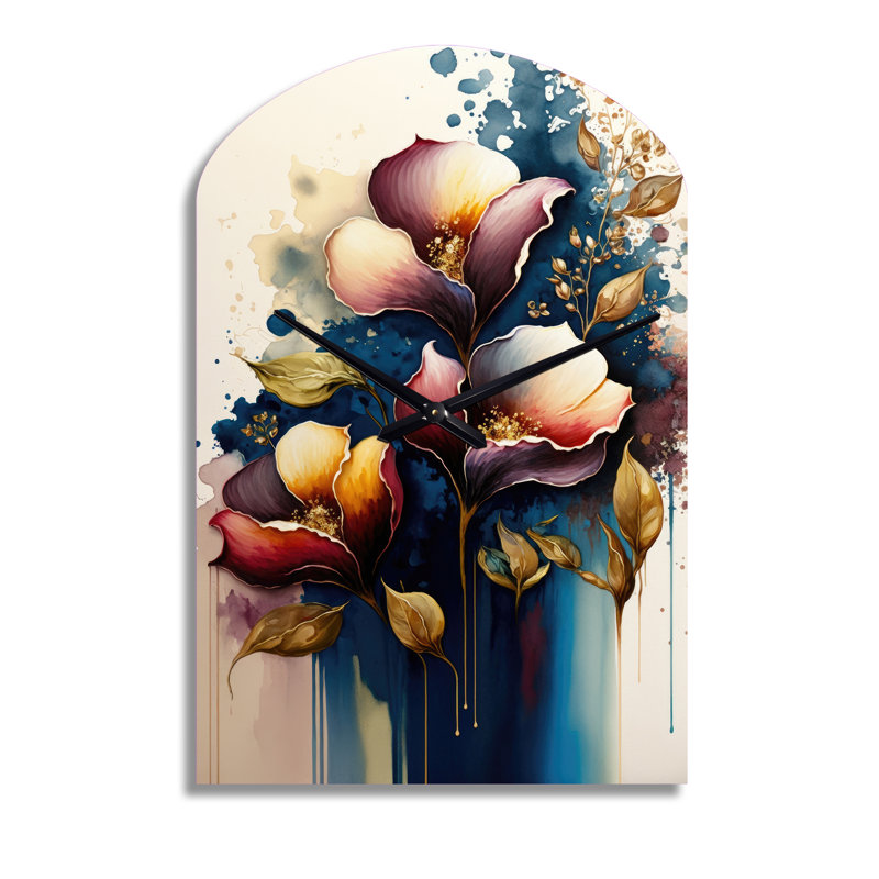 Horloge murale asymétrique en métal bleu et bourgogne Cally Lily Bouquet III, Moyenne