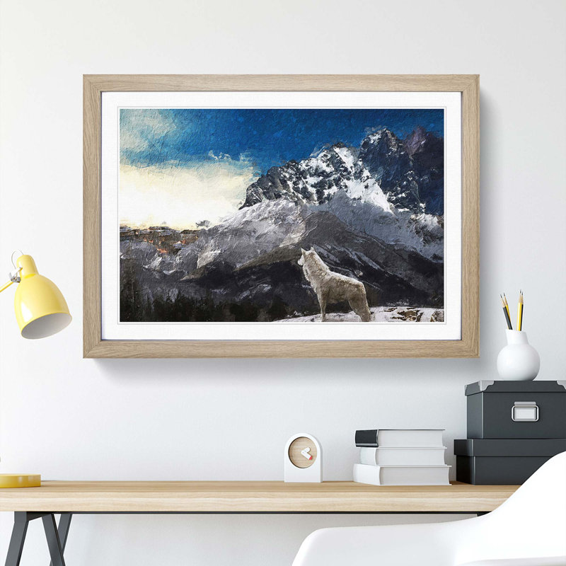 White Wolf with a Mountain Landscape - Picture Frame Painting Print, 48cm H x 65cm W x 2cm D, Oak Framed