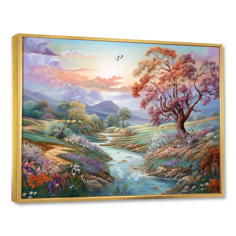 Paysage campagne charmante - décoration murale campagne, Cadre flottant doré, H 12 po x l 20 po x P 1 po