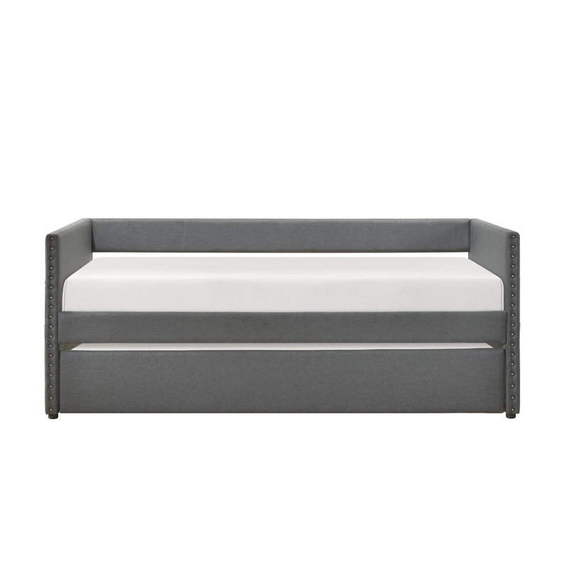 Modern Daybed Pull-Out Trundle With Side Pockets, Twin Upholstery Daybed And Nailhead Trim, Dark Gray