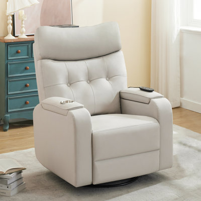 Fauteuil inclinable électrique surdimensionné en similicuir moderne avec pivot et bascule, massage et chaleur, double bras de rangement, porte-gobelet, minuterie et port Type-C