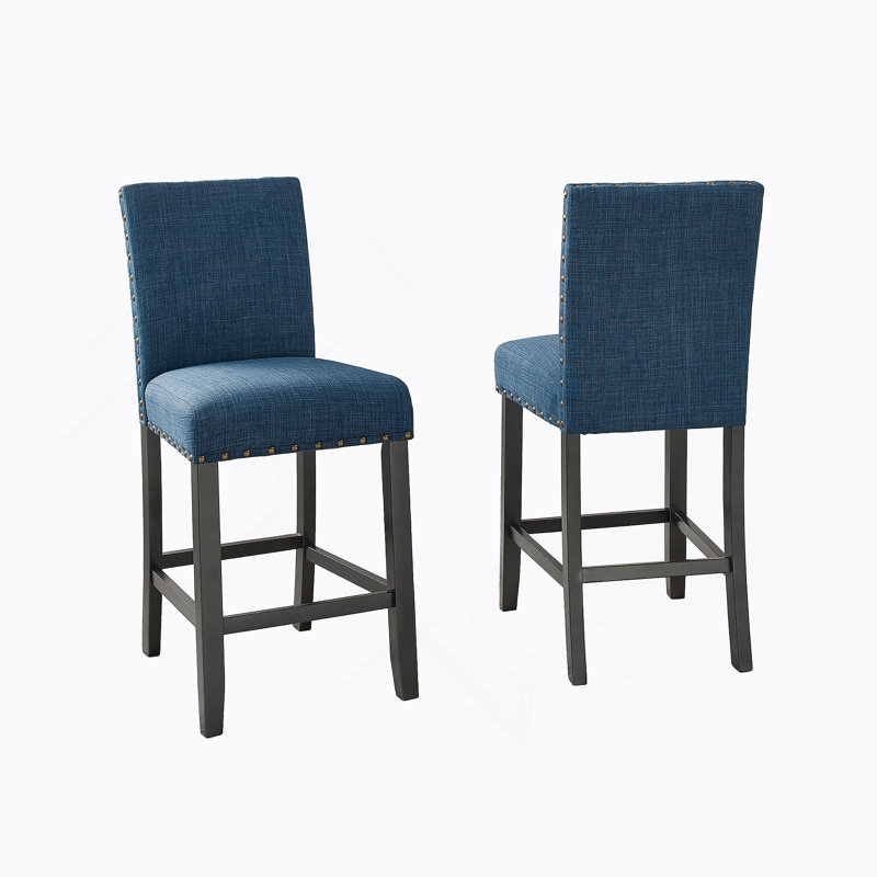 Tabourets à hauteur de comptoir en tissu Biony avec garniture cloutée, ensemble de 2, Bleu