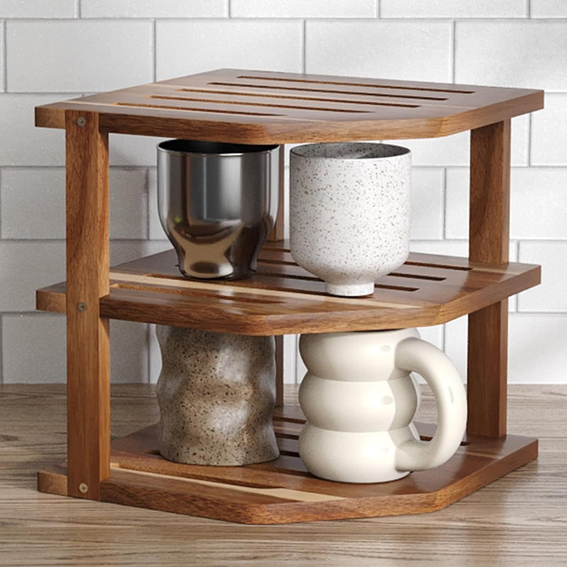 Ensemble de 2 tablettes de coin en bois d'acacia à 3 niveaux pour comptoir et armoire | Rangement pour garde-manger, support à vaisselle, support à épices, organisateur de coin, tablettes de comptoir de cuisine, rangement de cuisine, assiettes