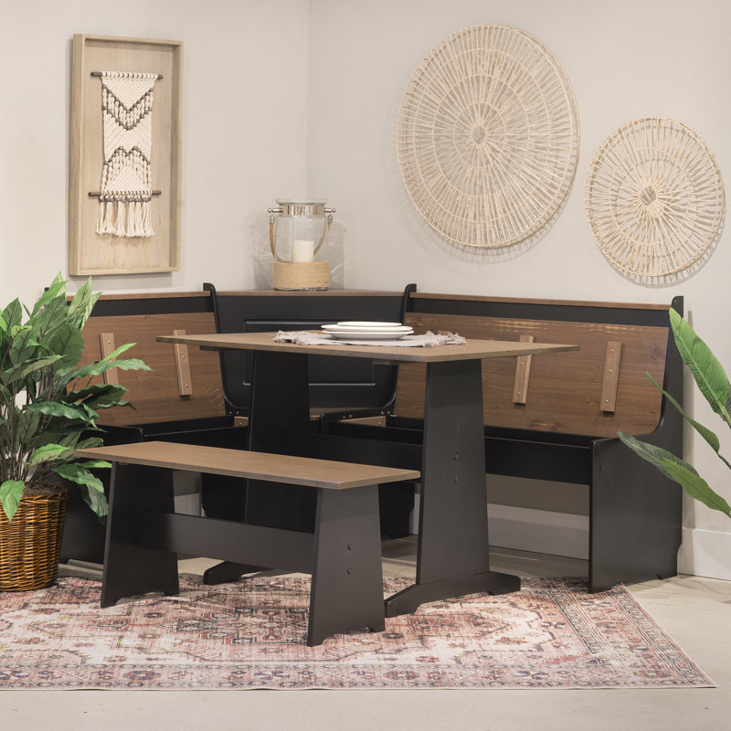 Chen 5 – Person Corner Pine Breakfast Nook with Hidden Storage, Black