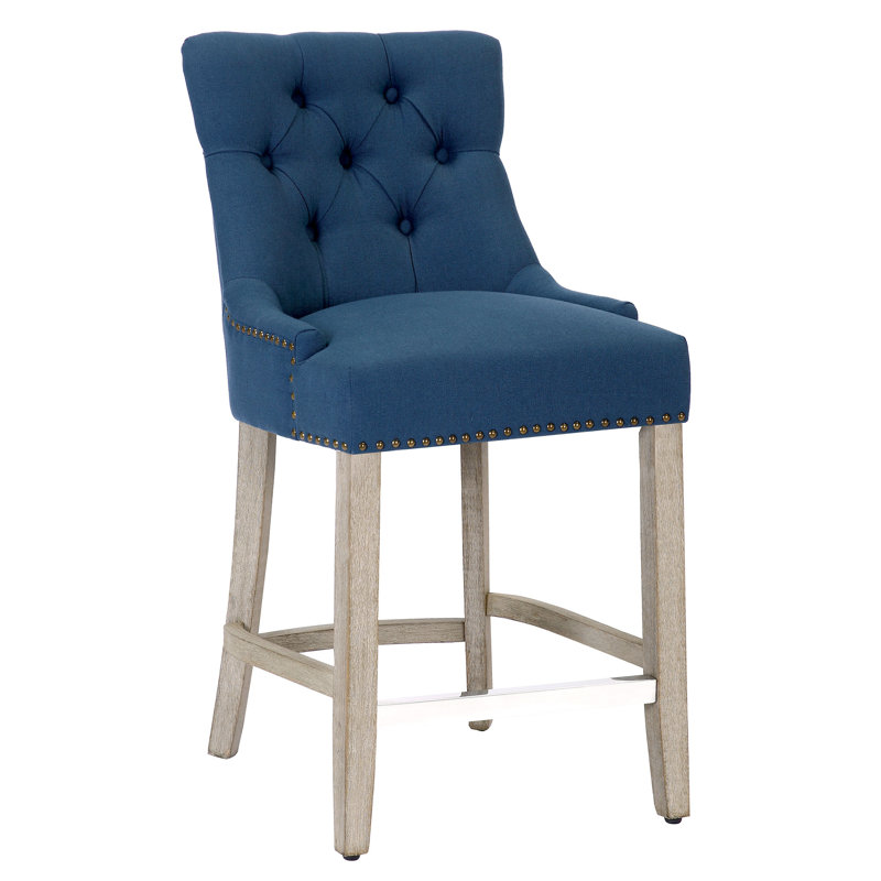 Linen Fabric Tufted Upholstered Counter Stool, Counter Stool (24” Seat Height), Teal Linen/Antique Gray Frame