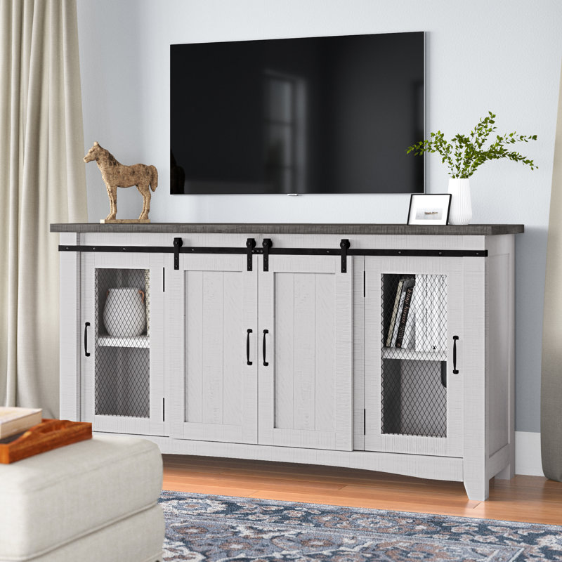 Meuble télé en bois massif Kinsella, Teinture blanche / teinture grise