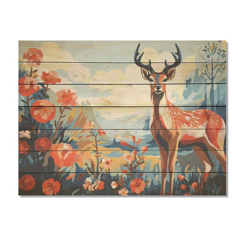 Cerf rouge et bleu en forêt - animal cerf sur bois, H 10 po x l 20 po x P 0,78 po