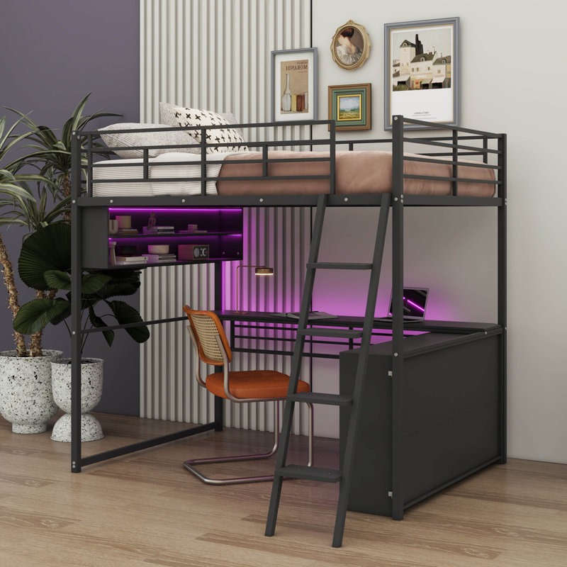 Modern Metal Loft Bed With Integrated LED Lighting, Study Table, And Quad Storage Shelves, Full