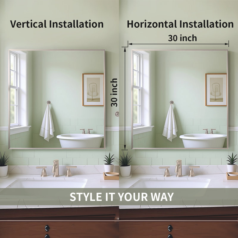 30 in. W x 30 in. H  Rectangular Framed Wall Bathroom Vanity Mirror in Brushed Nickel, Brushed Nickel, 30" x 30"