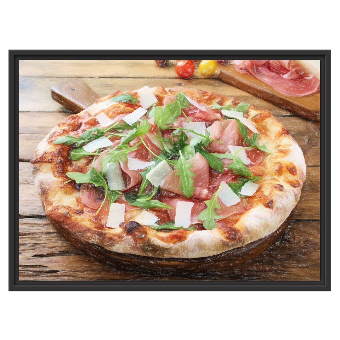 Gerahmtes Wandbild Prosciutto Pizza auf Holztisch