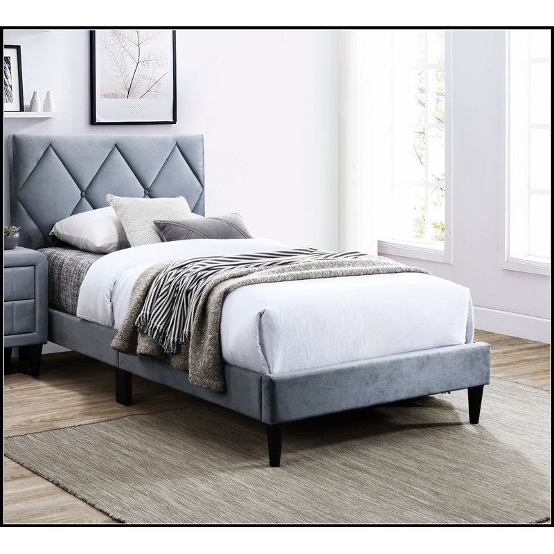 Lit tapissier en velours avec tête de lit réglable, parfait pour les chambres de jeunes et le confort moderne., Full, Gray