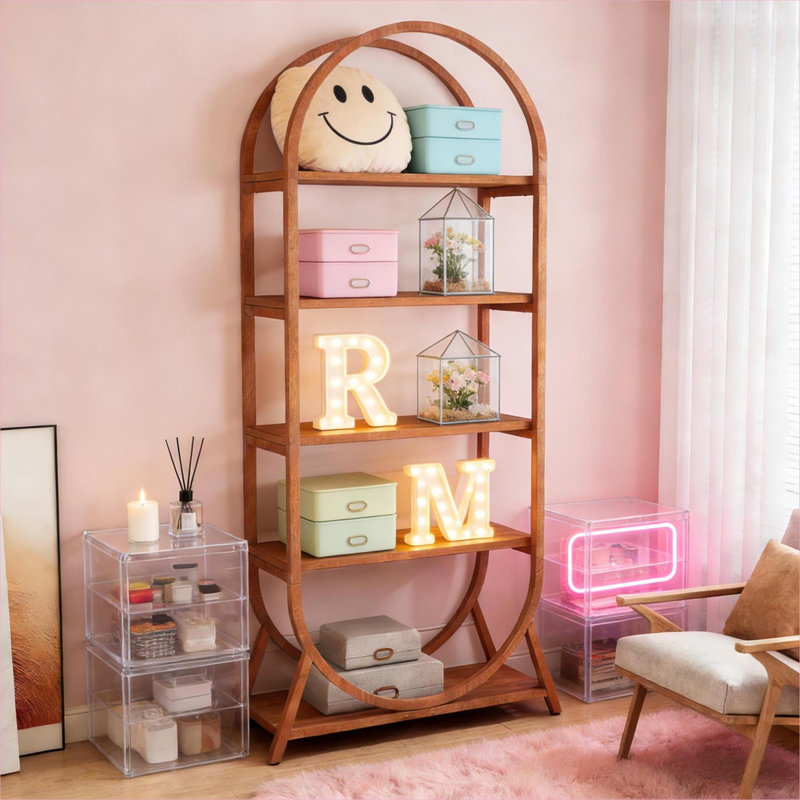 Bibliothèque arquée compacte en métal brun chaud et panneau de particules à 5 niveaux pour le rangement vertical des livres, des décorations et des plantes