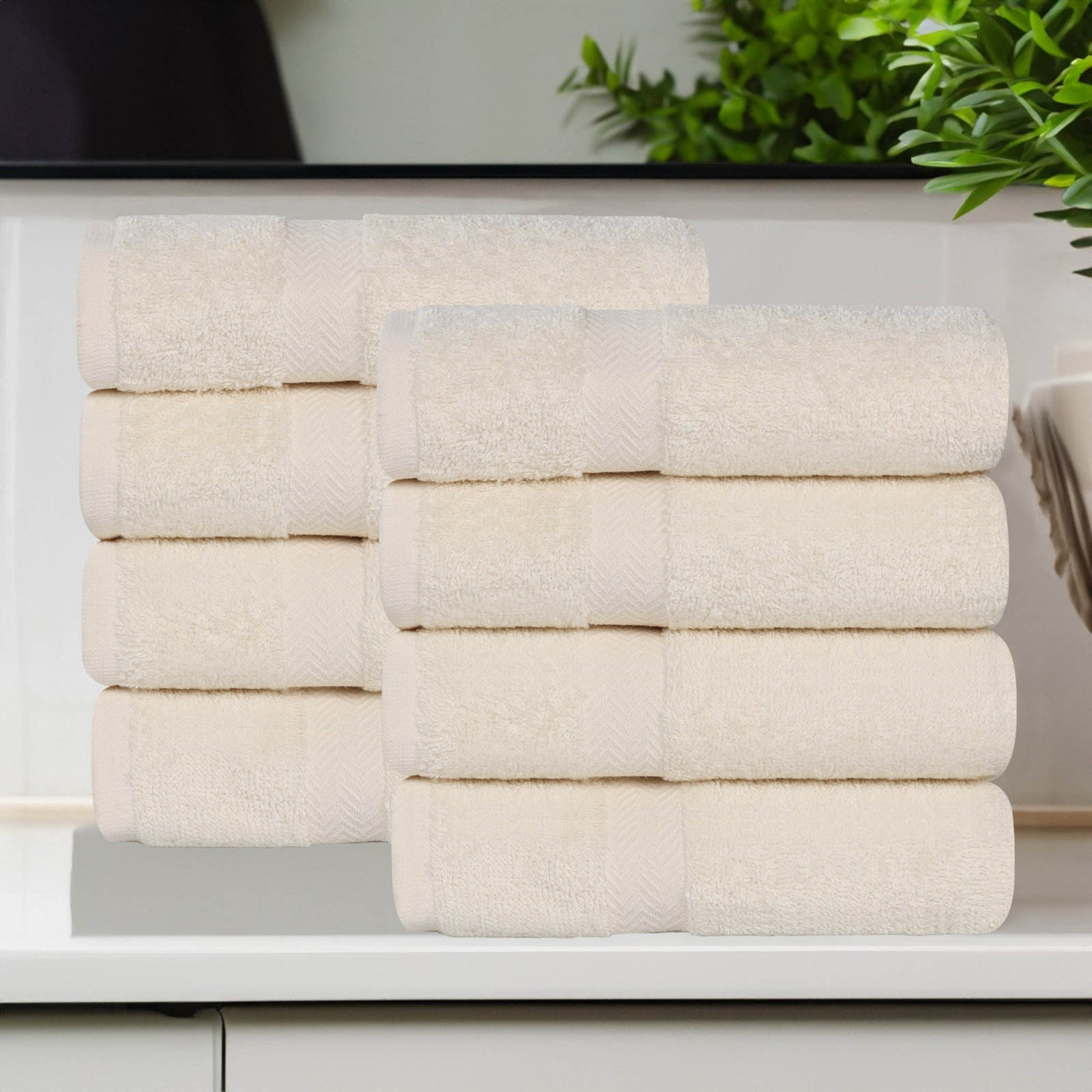 Quick-Drying Cotton Washcloth, Ivory, 8 Pieces Towel Set
