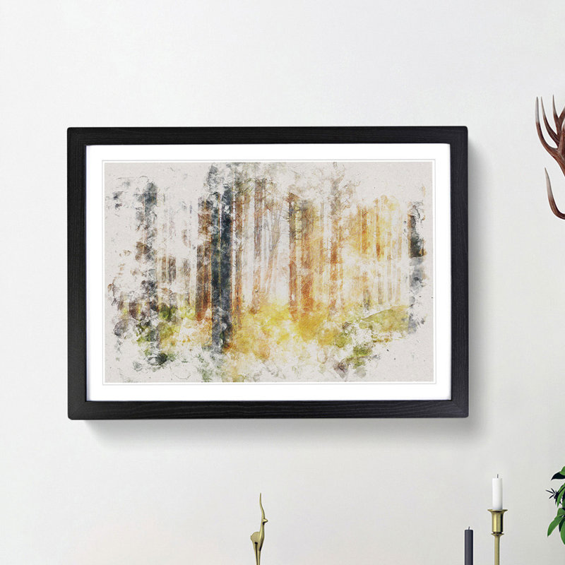 Rays of Light Through an Autumn Forest Watercolour - Picture Frame Graphic Art Print, Black Framed, 45cm H x 63cm W x 2cm D