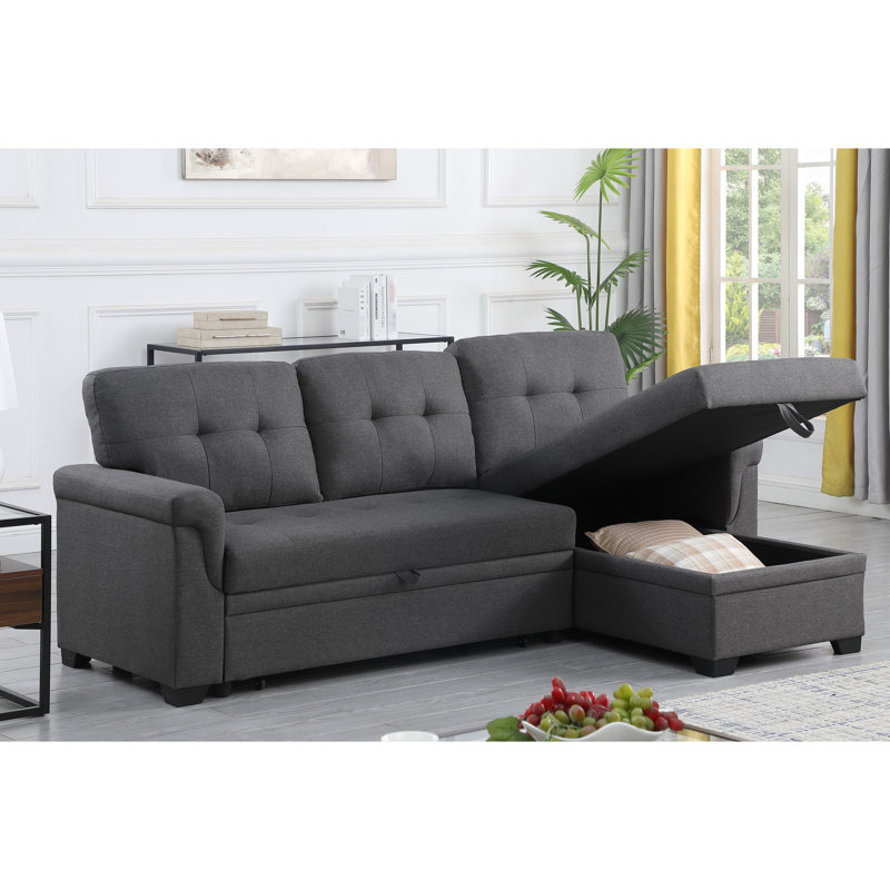 84" Dark Gray Linen Sectional With Reversible Sleeper, Storage, Plump Stitching Storage And 35" Height, Design
