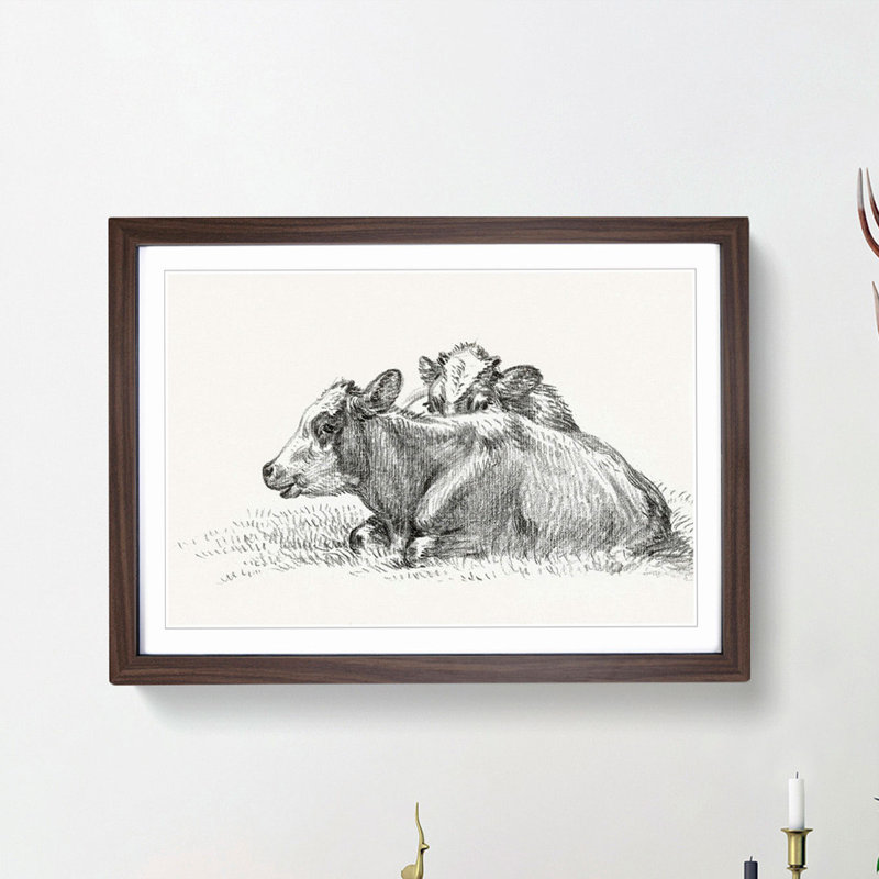 Two Lying Cows by Jean Bernard - Framed Print, 48cm H x 65cm W x 2cm D, Walnut Framed