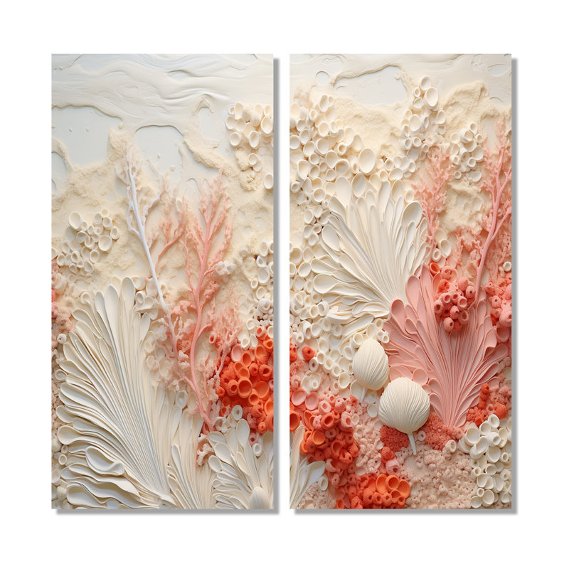 Collage corail rose et blanc V - art mural côtier 2 pièces, 32" H x 32" W, Wrapped Canvas, Does Not Apply