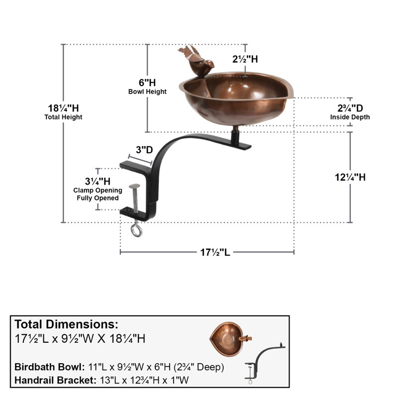 15.7" Copper Heart Shaped Birdbath with Iron Rail Mount