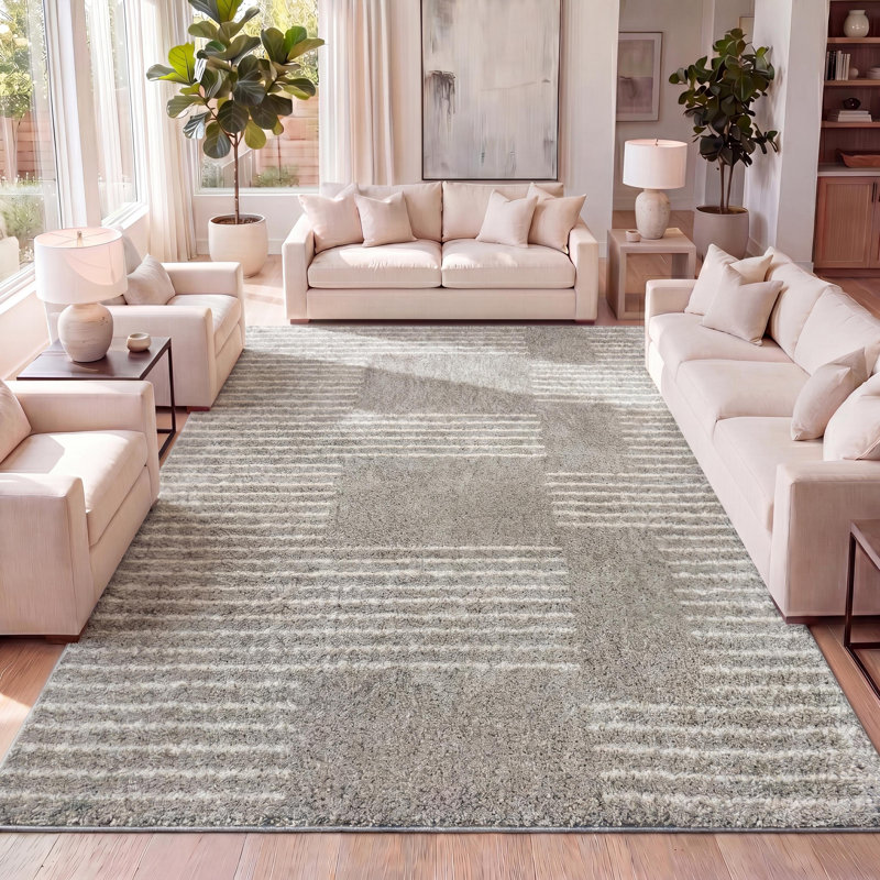 Petra Abstract Stripe Geometric Shag Gray/Ivory Rug, Rectangle 5'1" x 8'
