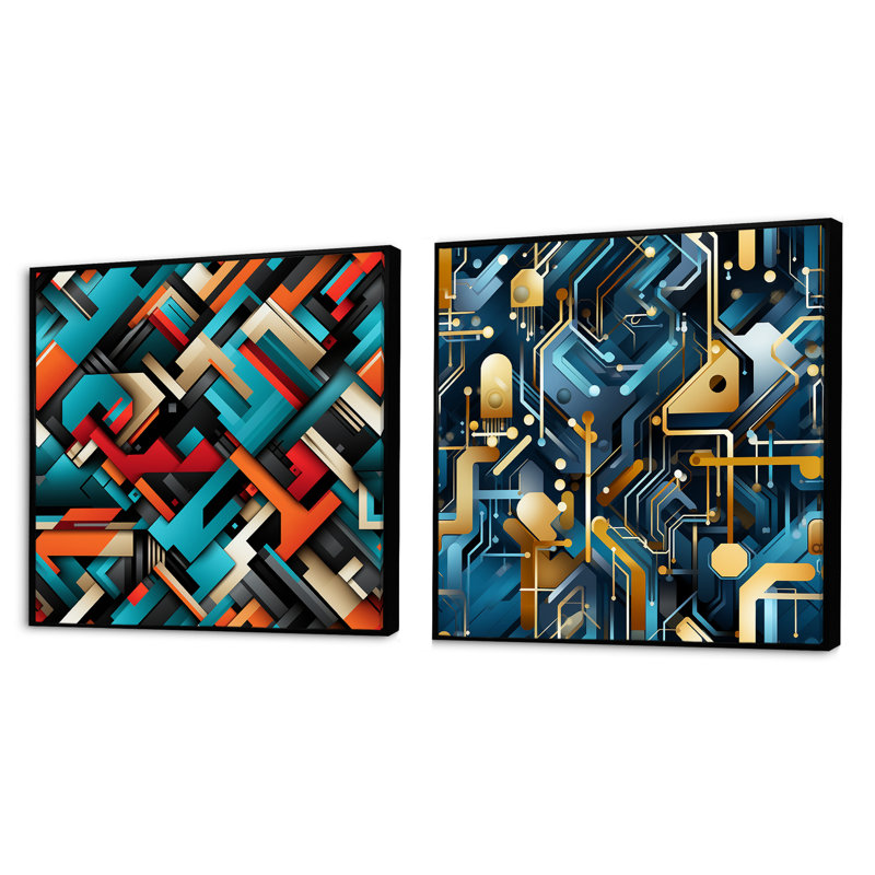 Cortlan - Ensemble de 2 collages carrés à formes abstraites, Cadre flottant noir, H 16 po x l 33 po