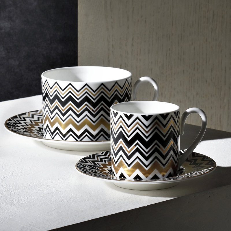Zig Zag Bone China Coffee Cup, White/Gold/Black, Set of 2