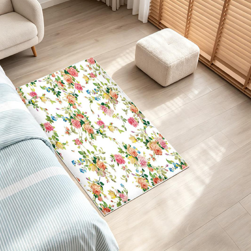 Green Classic Vintage Flower White Floral Rose Shabby Chic Leaf Machine Washable Indoor Area Rug, Rectangle 32" x 47"