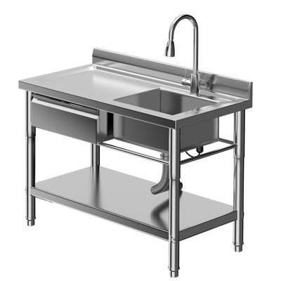 39" Stainless Steel Utility Sink, Commercial Freestanding Kitchen Sink with Drawer & Pull-Out Faucet, Hot/Cold Water Pipe
