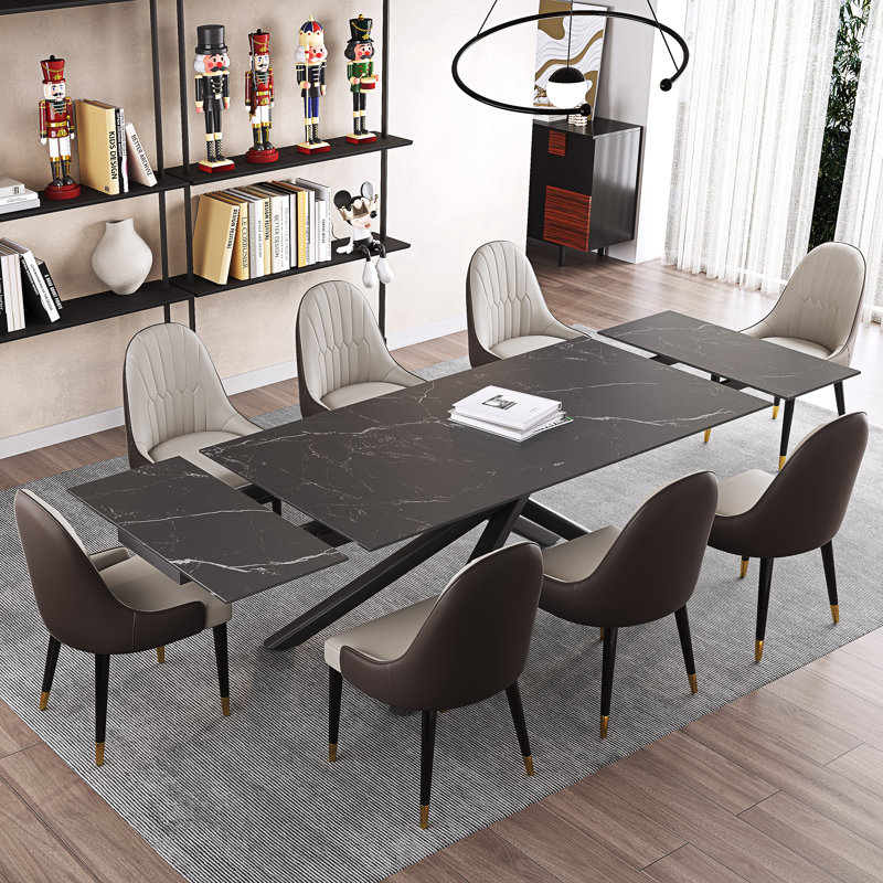 Kerius 9 - Piece 70.86" to 102.36" Extendable Rectangular Sintered Stone Dining Table with 8 Leather Chairs Dining Set, Black