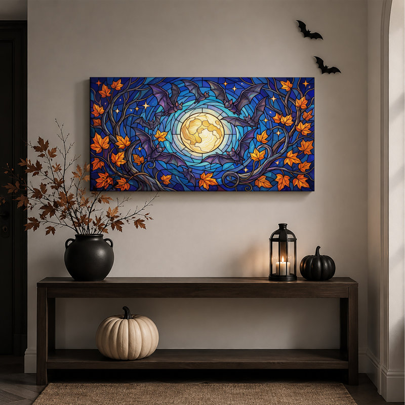 Toile bleue d'Halloween, chauves-souris et lune en orange, L 32 po x H 16 po