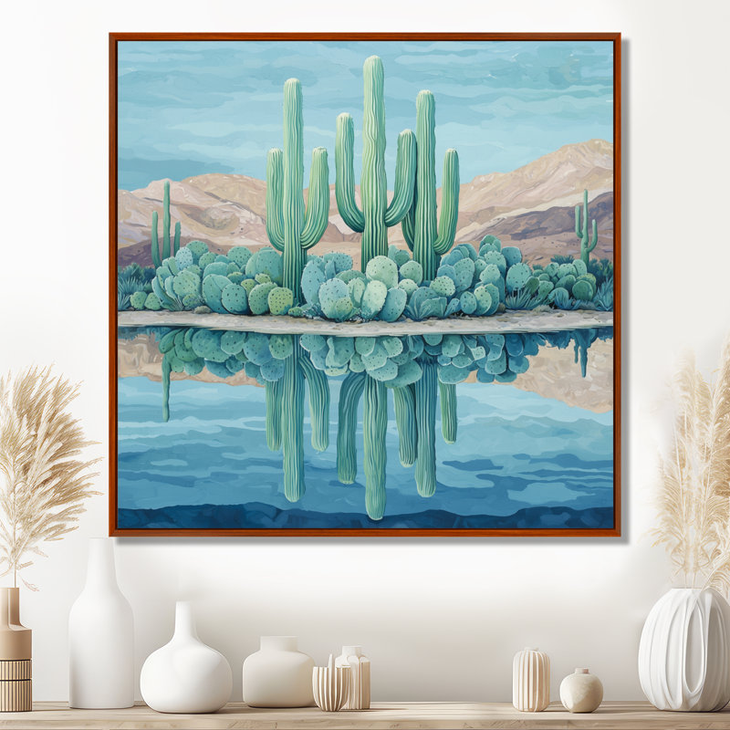 Marelya cactus et l'oasis du désert I - art mural cactus, H 16 po x l 16 po, Impression encadrée flottante, Brun