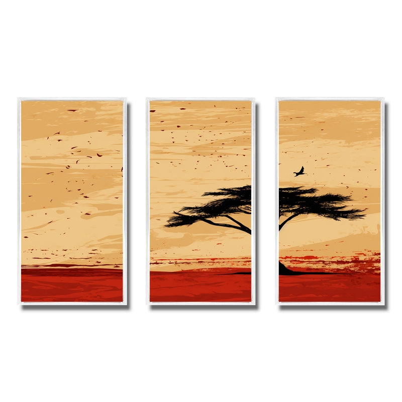 Arbre africain harmonieux 1 - Art mural africain, Cadre flottant blanc, H 28 po x l 36 po x P 1 po