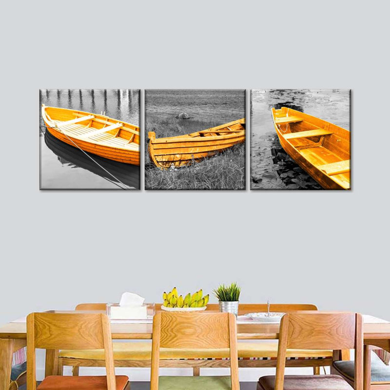 Ensemble de 3 bateaux pop jaunes sur toile, H 24 po x l 74 po x P 1,25 po