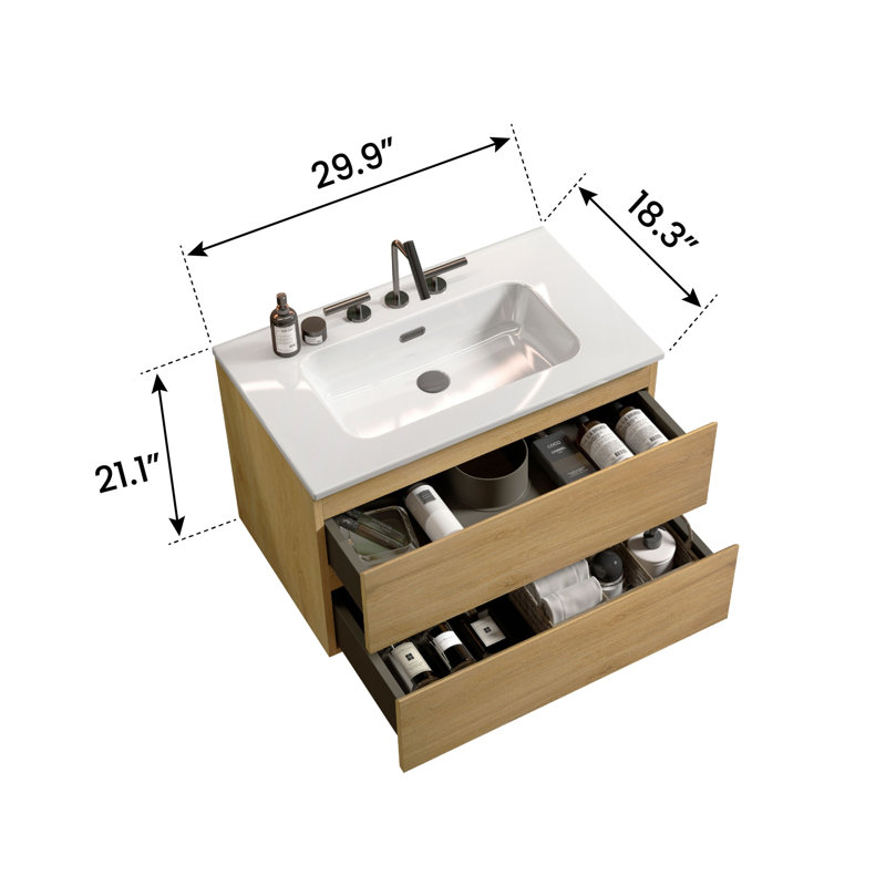Meuble-lavabo à trois trous en céramique, Chêne