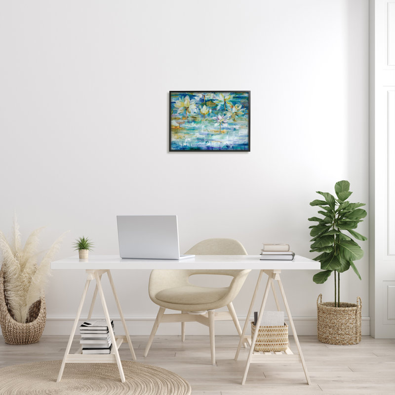 «Lotus Water Lilies Modern Pond», estampe numérique encadrée par Liz Jardine_aq-551, H 16 po x l 20 po x P 1,5 po