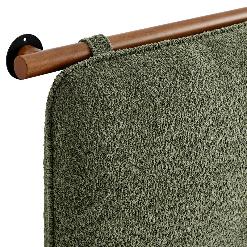 Sage Green Chenille Upholstered Floating Full Headboard with Walnut Bar