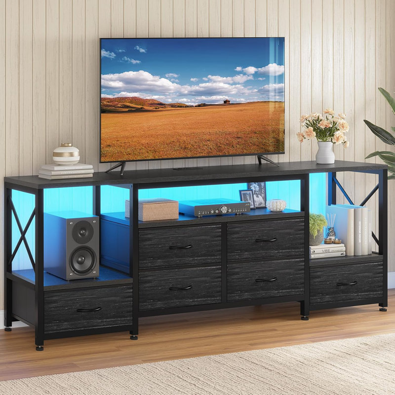 63" Industrial Tv Console Table With 6 Fabric Drawers And Open Shelves, Dark Gray/Black
