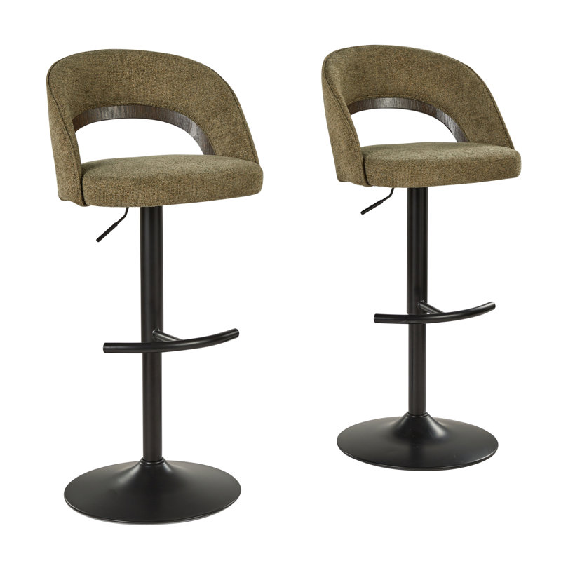 Tabouret de bar réglable Nakita avec repose-pieds arrondi en T (ensemble de 2), Sage Green/Glazed Walnut Seat/Black Frame